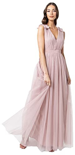 Maya Deluxe Womens Ladies Maxi Dress with Ruffle V Neck Sleeveless High Empire Waist Long for Prom Guest Wedding Bridesmaid Vestito per Damigella d’Onore, Rosa Satinato, 50 EU Donna