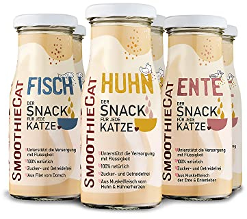 Katzen Smoothie SmoothieCat 6er Mix - je 2X: Huhn, Ente, Fisch - Flüssignahrung für Katzen - Katzensuppe - Katzenmilch - Zucker- & glutenfrei - je 150ml
