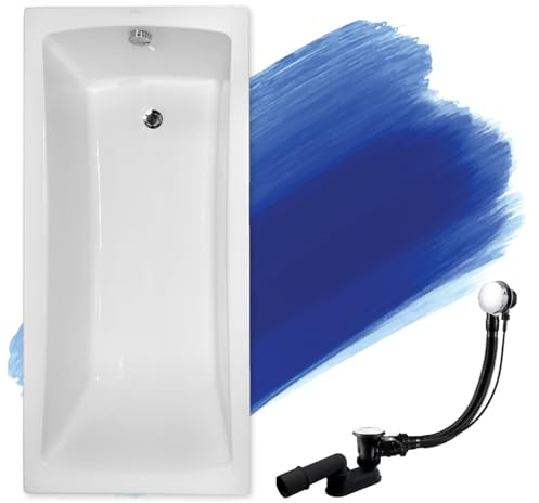 BADLAND Badewanne Original Weiß Acryl Wanne Rechteck OPTIMA 140x70 KOMPLETTSET SET + Füßen und Exklusive Chrom Automatik Ablaufgarnitur Made in EU 3in1