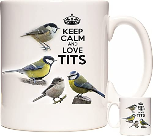 Blue Bird Garden Bird Mug, Keep Calm and Love. Lovely Ceramic Gift Mug Featuring British Garden Birds. Blue Titmouse, Coal Titmouse, Long Tailed Titmouse