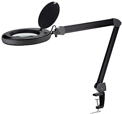 Lumeno dimmbare LED Lupenleuchte 8513SW mit großer 152 mm Echtglaslinse, einstellbare Helligkeitsstufen, geeignet als Arbeitsleuchte, Lupenlampe, Lesehilfe, 3 Dioptrien Schwarz