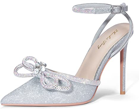 Zhabtuc Damen Stiletto High Heels mit Strass Schleife Sexy Spitz Geschlossen Zehen Bowknot Glitzer Pumps mit Stiletto Absatz Elegante Knöchelriemen Heeled Sandalen für Hochzeit Abendkleid Silber 39EU