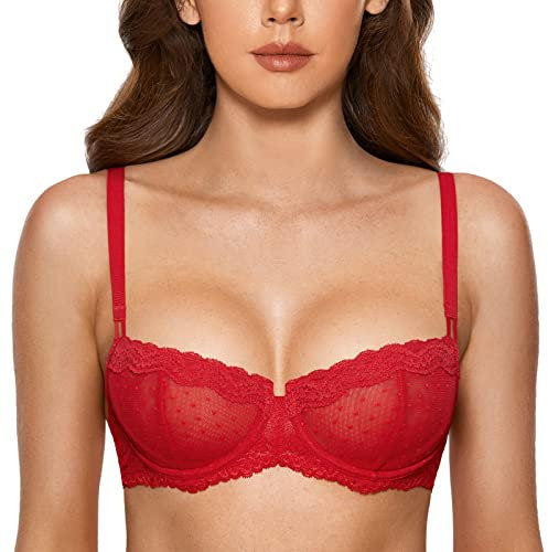 DOBREVA Women's Sexy Lace Balconette Bra Unlined Underwire Open Half Cup Bra See Through Sheer Balcony Bra Lipstick Red 32E