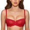 DOBREVA Women's Sexy Lace Balconette Bra Unlined Underwire Open Half Cup Bra See Through Sheer Balcony Bra Lipstick Red 32E