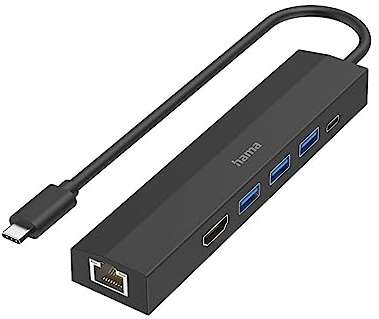 HAMA | Hub USB Type C con 6 Conexiones (3 Puertos USB A 3.2 Gen 1, 1 x USB Type C Power Delivery 100 W, HDMI Ultra HD 4K, LAN Gigabit Ethernet) Color Negro