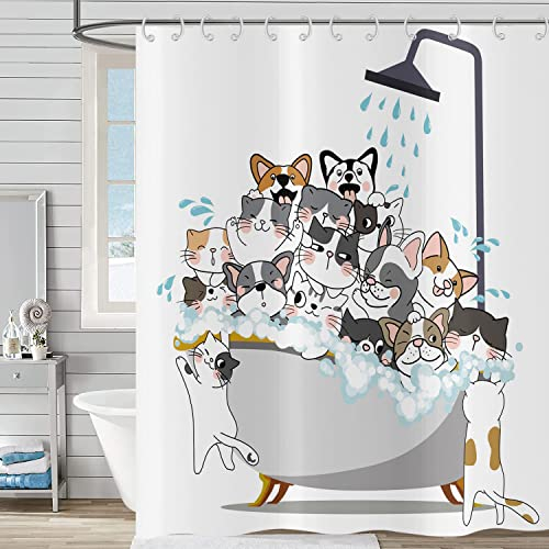 Duschvorhang Lustig 180x180, Hnmdmyi Cartoon Tier Katze und Hund Kinder Duschvorhänge Bunte Liebenswert Urkomisch Haustiere Badewanne Vorhang Wasserdicht Polyester Stoff Waschbar Badevorhang mit Haken