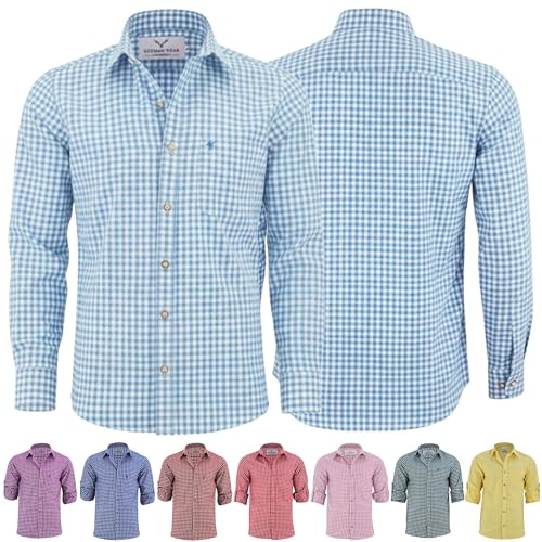German Wear Trachtenhemden für Herren mit Langen Ärmeln, klassisches Karomuster, hochwertige bayerische Mode mit Hirsch-Stickerei und kardieten Ärmeln