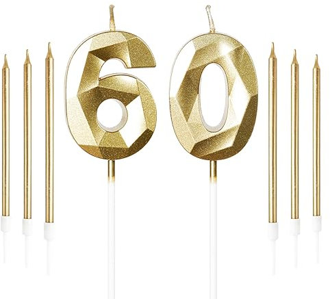 Yiran Gold 60th Birthday Candles Set, Number 60 Candle with Gold Long Candles, Birthday Candles for Cake, Birthday Candle, Cake Candles Cake Topper Decorations for Birthday Party Wedding Anniversary