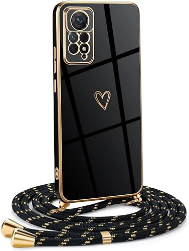 Mkej Coque pour Xiaomi Redmi Note 11 Pro 5G avec Cordon de Collier, Coque avec Cordon Motif Coeur d'amour TPU Housse, Collier RéglableTéléphone Portable Lanyard Case Redmi Note 11 Pro 5G, Or Noir