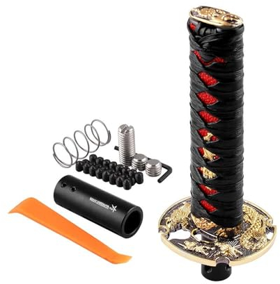 MACHSWON Auto-Schaltknauf, universal, Samurai-Schwert, automatische Passform für Schloss-/Knopfgetriebe, coole Katana-Schalthebel, schwarz und rot