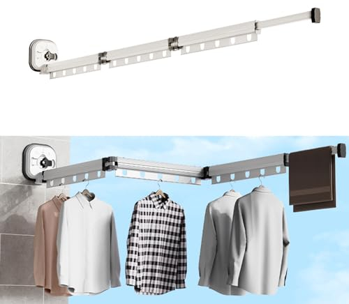 Wäscheständer, Einziehbar Wandmontierter Kleiderständer mit Saugnapf, Versenkbar Zusammenklappbar Kleiderstange mit Haken & Handtuchhalter Balkon,Wäsche, Badezimmer, Schlafzimmer (Milchig Weiß 3-fach)