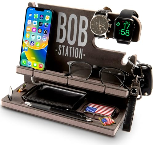 GRETAOTO Personalized Wooden Docking Station for Cell Phone, Tablet, Wallet, Gadgets, Accessories, Essentials, Desk Organiser, Storage Stand for Work Desk, Nightstand, Gifts for Men (Gray)