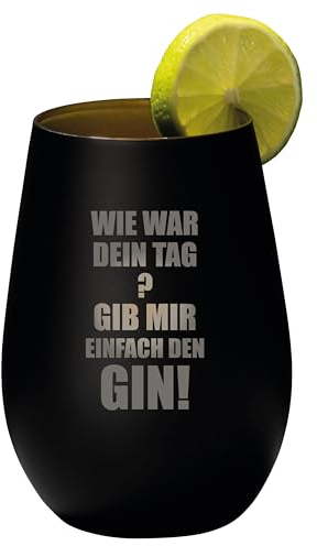 4youDesign Gin Tonic Glas mit lustigem Spruch Wie war dein Tag – Geschenk für Männer, Frauen zum Muttertag oder Vatertag – Tumbler-Party-Glas aus Kristallglas – Schwarz – 465ml