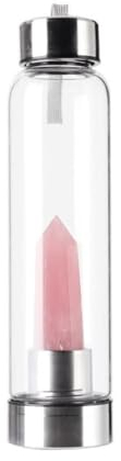 Queemie Natural Rosa Cristal Vidrio Botella de Agua, Piedra Preciosa Centro Infundido Rosa Cuarzo Copa Deportes Obelisco Varita Energía Copa para Curación Bienestar