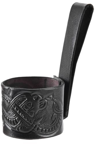 Ulfberth Support en cuir pour corne à boire avec dragon en relief, style gelée, porte-ceinture pour cornes à boire, porte-corne à boire, viking médiéval, style gelée, noir, S (0,2 l à 0,3 l))