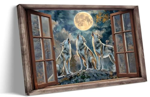Strofupp Wandkunst, Motiv: Wolf, Mondschein, Retro, gerahmt, Wildtiere, Bilder, Drucke, abstrakte Leinwand, Wolf, Poster für Heimdekoration, 30,5 x 45,7 cm