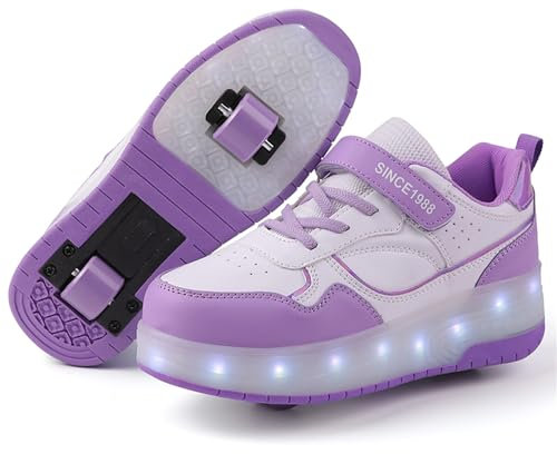 Schuhe mit Rollen für mädchen Jungen Verstellbare Rollschuhe Schuhe Einziehbar Turnschuhe mit Rollen für Kinder LED Blinkend Roller Skate Shoes für Outdoor-Sportarten,Lila,30EU