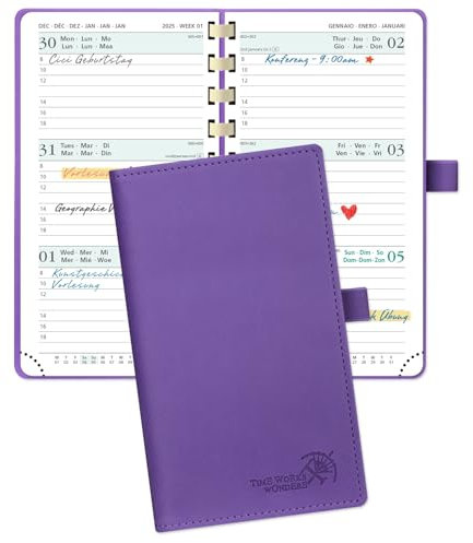 POPRUN Taschenkalender 2025 Klein 16,5 x 9 cm (Jan.2025-Dez.2025) - Kalender 2025 Klein Ringbuch mit Softcover - Terminplaner, Planer 1 Woche 2 Seite mit Kartenschlitz - Lila