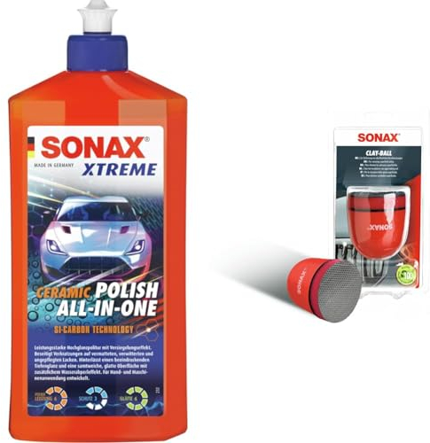 SONAX XTREME Ceramic Polish All-in-One (500 ml) & Clay-Ball (1 Stück) Problemlöser gegen hartnäckige Verschmutzungen auf Lack und Glas | Art-Nr. 04197000