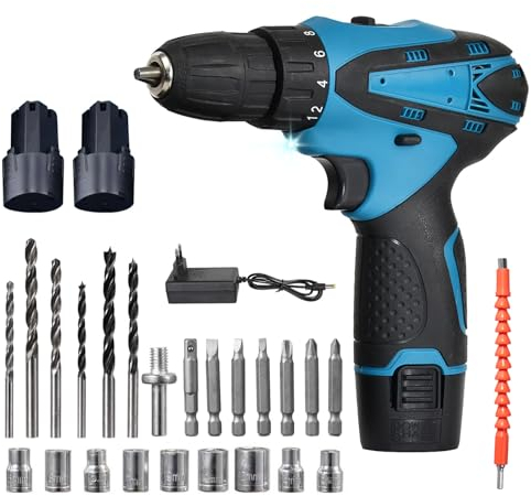 ﻿ 12V Akkuschrauber Set, leistungsstarke Bohrer-Sätze,Akku bohrschrauber mit 3/6x 1500mAh Akkus, 32 N.m Max akkubohrer, 3-Gang, bohrschrauber mit 24PCS Zubehöre,LED-Licht (2 Batterie)