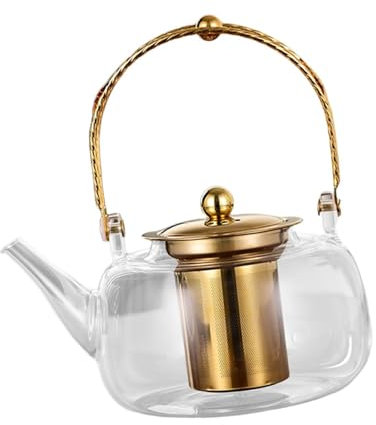Fenteer Teekanne aus Glas für den Herd mit herausnehmbarem Sieb, hitzebeständig, 1000 ml, Teekessel für den Haushalt, Grillen, Valentinstagsgeschenke für, Golden