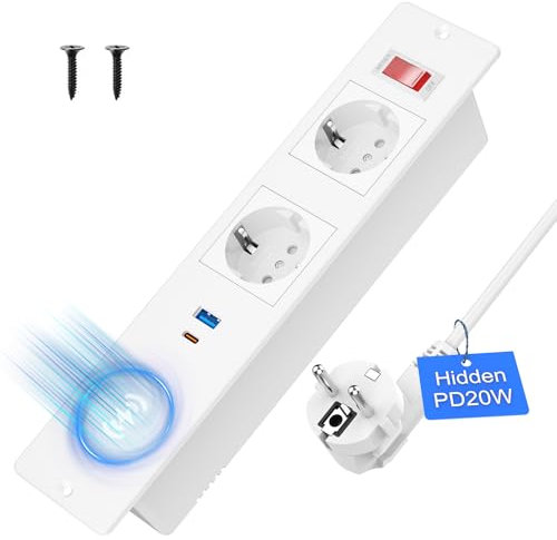 Tischsteckdose Einbausteckdose mit 15W Kabellosem Laden, Versenkte Steckdose mit USB-C PD20W, 2-Fach Steckdosenleiste mit Schalter,2m Kabel,Weiß