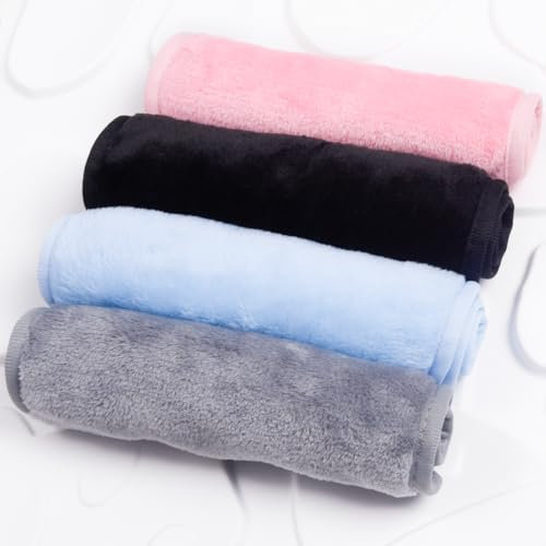 4 paquets de lingettes démaquillantes, 40 * 20 CM lingettes en flanelle pour peau sensible (noir+rose+bleu+gris)