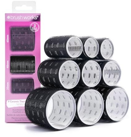 Brushworks Ceramic Thermal Hair Rollers – 9 Pack Assorted Sizes (60mm, 48mm, 35mm), Small, Medium & Large Heat Retaining Rollers for Voluminous, Bouncy, Long-Lasting Curls and Waves