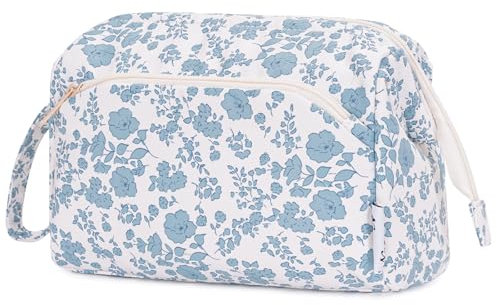 Narwey Kulturtasche Damen Kulturbeutel Kosmetiktasche Schminktasche Reise Make-up-Tasche mit Weit Offener Tasche für Damen Frauen (Kleine Blaue Blume)