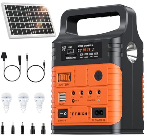 FTJKGH 15000mAh Solar Power Station, Solar Generator with Solar Panel, Support Bluetooth, FM Radio, LED Flashlight, Expansion SD card for Camping, Road Trips, Fishing