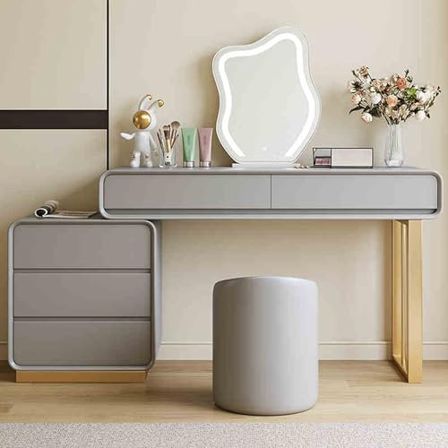 Schminktisch Mit Spiegel Und Beleuchtung, Stuhl, Schublade Aus Weichem Samt, Leise Gleitschiene, Links Und Rechts Austauschbar, Ausziehbarer Lagerschrank, Fürs Schlafzimmer Ernqi(Light gray,C_39.4IN)