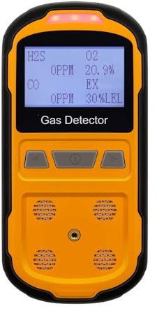 Scondaor Detector de fugas de gas para H2S CO O2 y LEL, detector de gas múltiple portátil con alarmas audibles, visuales y de vibración, monitor de gas 4 en 1, pantalla LCD digital (naranja)