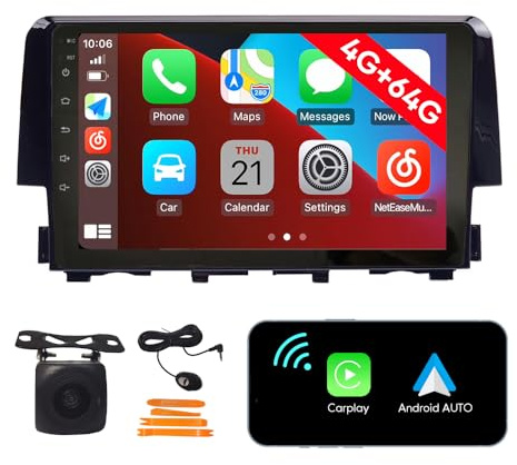 [4G 64G] Android Car Stereo FM Radio Carplay Android Auto 9 Touchscreen Headunit Media Player with Backup Kamera Für Honda Civic 2016 2017 2018 2019