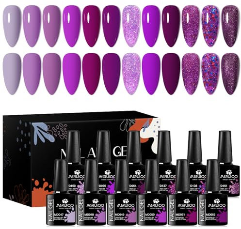 MSRUIOO UV Nagellack Glitter Nagellack Gel 12 Farben Herbst Winter Lila Serie Farbgel Set Gel Soak-Off UV Shellac Lila für Anfänger DIY Nail Art Set