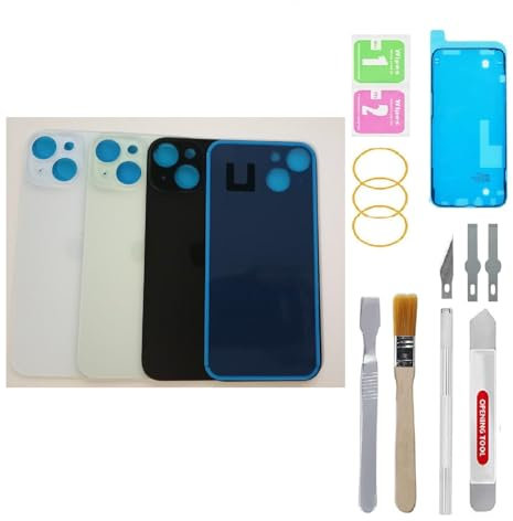 BAYERQ Ersatz-Rückglas, kompatibel mit iPhone 15, Schwarz, großes Loch, mit Reparaturwerkzeug-Set, Rückseitenabdeckung (schwarz)