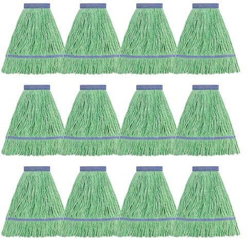 Matthew Cleaning Lot de 12 têtes de Balai à Franges Robustes de Rechange pour Nettoyage général et Sol - en Coton Bleu Industriel Humide - Extrémité bouclée - Vert