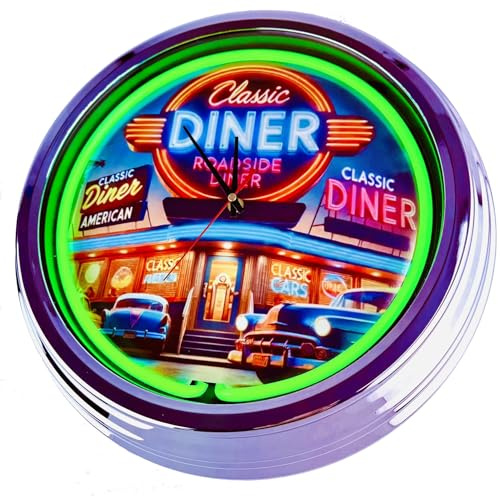 US-Way.de American Diner Nr. 11 WallClock Deko-Clock – 44 cm Durchmesser, Deko-Wanduhr ohne Tickgeräusche und gut lesbares Display, USA 50er-Jahre-Stil Neon-Uhr für Küche, Wohnzimmer, Büro (Grün)