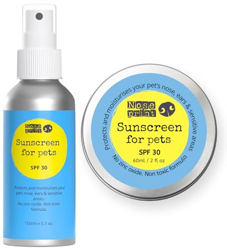 Noseprint LSF 30 Haustier-Sonnencreme, Lotion, Flasche, Sonnenschutz für Haustiere, 150 ml + 60 ml, Hundepfotenbalsam, Sonnencreme, Balsam, feuchtigkeitsspendender Sonnenschutz für Hunde und Katzen,