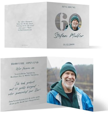 Personalisierte 60. Geburtstag Foto Einladungskarten im Fotozahl Motiv, quadratische Klappkarte, 300g/qm Kartonpapier, detaillierter Druck