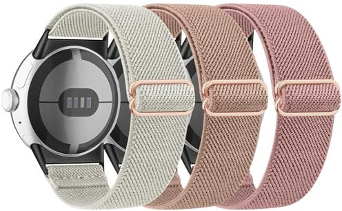 Vancle 3 Stück Armband für Google Pixel Watch 2/3 41mm, Nylon Elastisch Verstellbares Uhrenarmband für Damen Herren, Starlight/Milchtee/Rosa