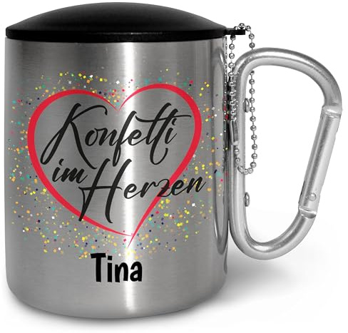 Edelstahlbecher personalisiert mit Karabiner und optional mit Deckel „Konfetti im Herzen“ - Fasnetsbecher personalisiert - Fasching Karneval, doppelwandig & isoliert, 300ml (Mit Deckel, Griff Silber)