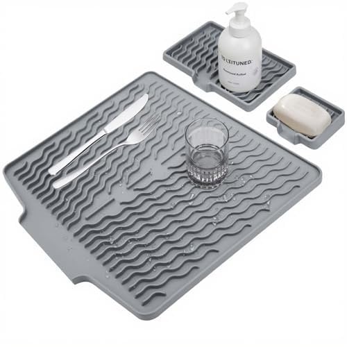 Silicone Dish Drying Mat for Kitchen Counter,Non Slip Drain Pad,Dish Drying Mats with Built in Drain,Large Dish Drying Mat,Silicone Soap Dish,Easy to Clean Drying Pad.Set of 3(Grey)