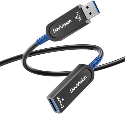 DavVision USB 3.2 Extension Cable 15M, Fiber Optic USB Cable 10Gbps Male to Female, Ultra Long Distance for Business Solution,Security Surveillance,VR/AR,Video Conference,3D Scanning,Machine Vision