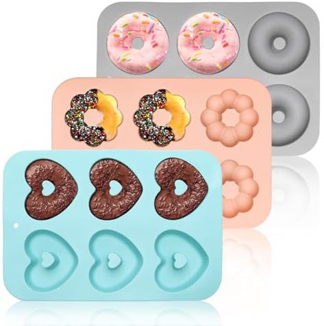 AKONE Lot de 3 moules à donuts en silicone avec 6 cavités - Antiadhésif - Pour muffins, biscuits, bagels, muffins, gâteaux (ronds, fleurs et cœur)