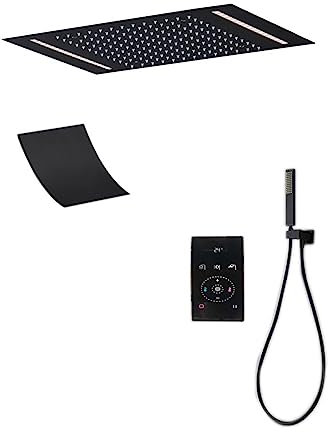 DFGHNBVC Ensemble De Douche Thermostatique Intelligent, Pommeau De Douche LED Effet Pluie, Robinet De Douche Cascade Noir, Mitigeur Thermostatique Mural Numérique 500 X 360 Mm