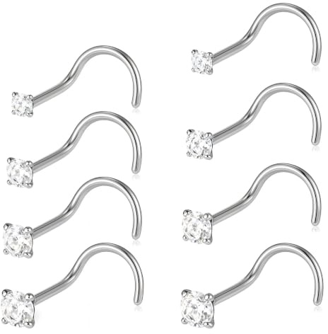 Tucnoeu 8pcs Nose Rings Studs, Silver Corkscrew Noses Studs for Unisex | S Shape CZ Piercing Plug,Surgical Steel Nose Studs,Top Size 1.5mm 2mm 2.5mm 3mm,Clear Cubic Zirconia Imitation Diamond