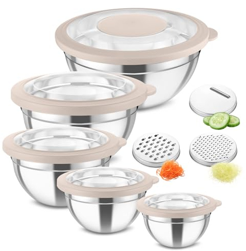 Homikit Rührschüssel 5er Set, Edelstahl Schüssel Salatschüssel Khaki | Transparenter Luftdichtem Deckel & 3 Reibeaufsätzen, Stapelbar Küche Rührschüssel 4,6L/2,8L/1,6L/1,2L/0,7L, Spülmaschinenfest