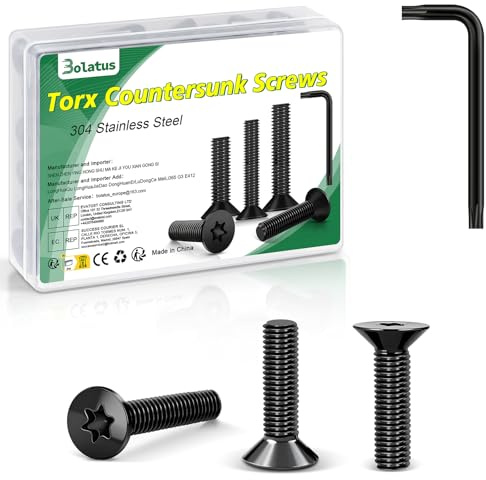 50 Stück M3 x 8 mm Senkkopfschrauben Schwarz, Bolatus 304 Edelstahl Schrauben Torx Senkkopfschrauben mit Torx Schlüssel und Box nach Norm ISO 14581 für Maschinen und Geräte, Außenanlagen, Möbel, Holz