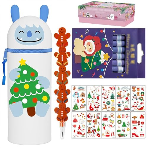 EduPlayte 2 in 1 Silicon Federmäppchen Weihnachtsbriefpapier-Set - Kawaii mäppchen, Stiftetasche niedlicher Schulbedarf (Yeti + 8 Buntstifte + 10 temporäre Tattoos + Bleistift)