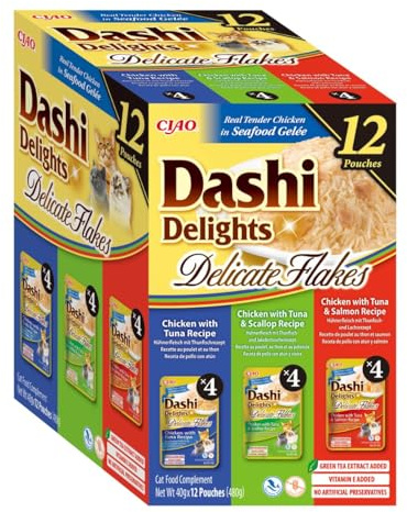 INABA Dashi Delights Delicate Flakes: Tuna Variety (12 x 40g) / Grain-Free, Rich in Protein, Natural Ingredients, Delicious and Healthy, Wet Cat Food